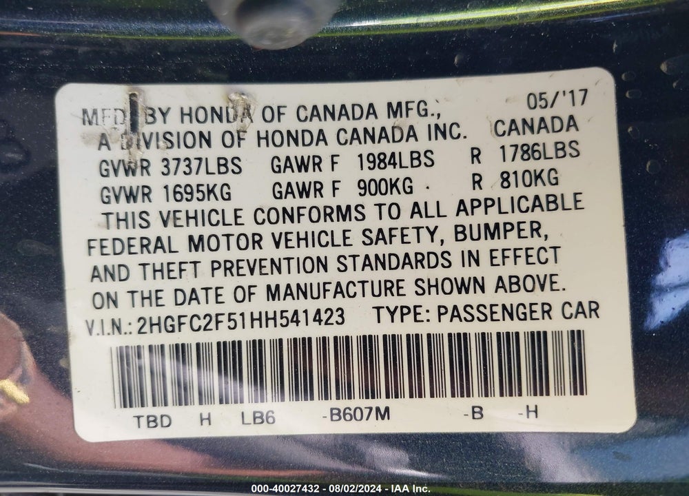 2017 HONDA CIVIC VIN: 2HGFC2F51HH541423