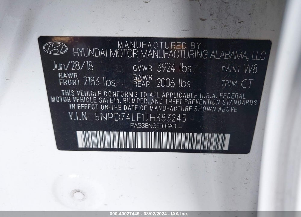 2018 HYUNDAI ELANTRA SE VIN: 5NPD74LF1JH383245