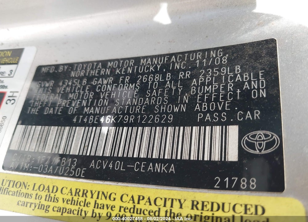 2009 TOYOTA CAMRY LE VIN: 4T4BE46K79R122629