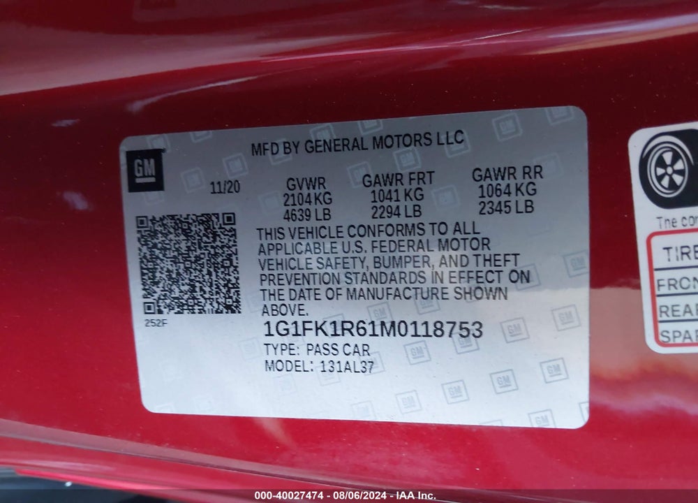 2021 CHEVROLET CAMARO RWD ZL1 VIN: 1G1FK1R61M0118753