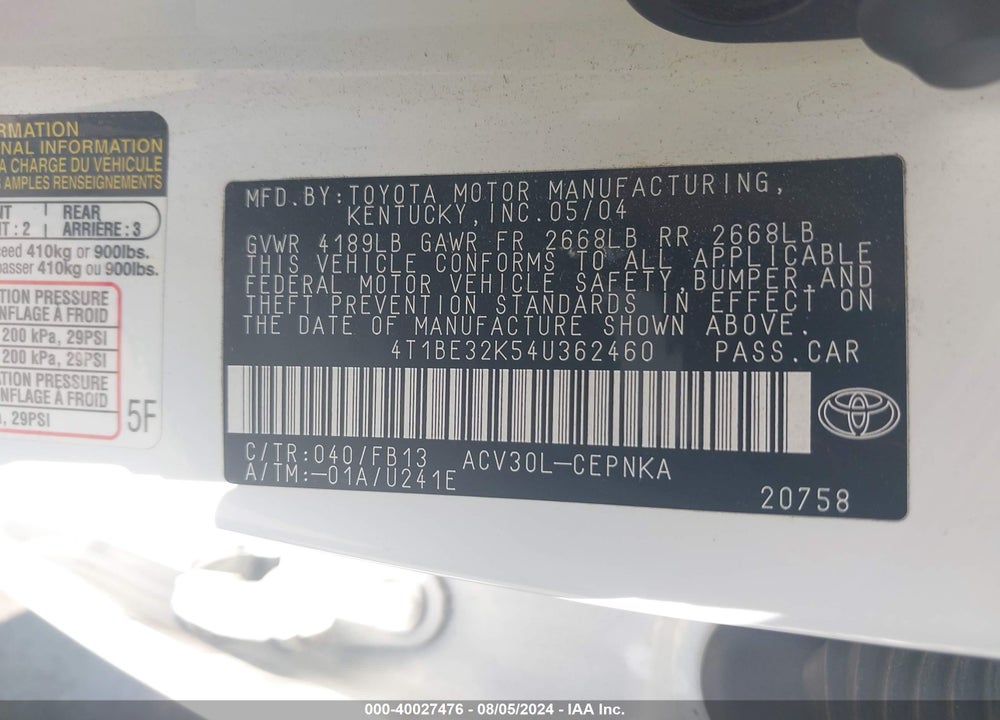 2004 TOYOTA CAMRY LE VIN: 4T1BE32K54U362460