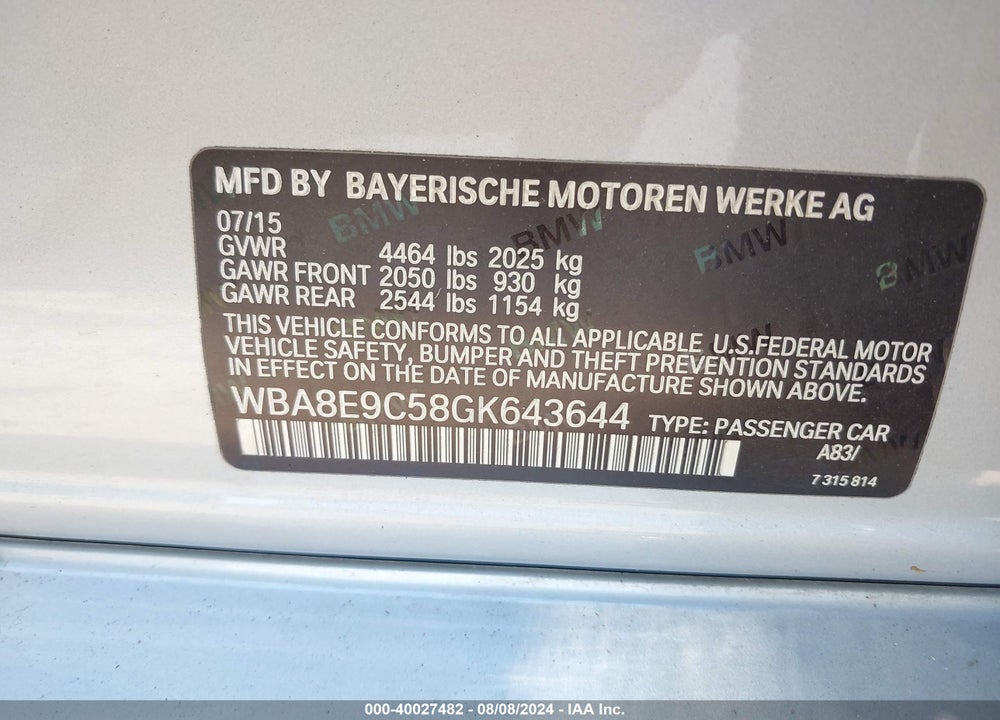 2016 BMW 328I VIN: WBA8E9C58GK643644