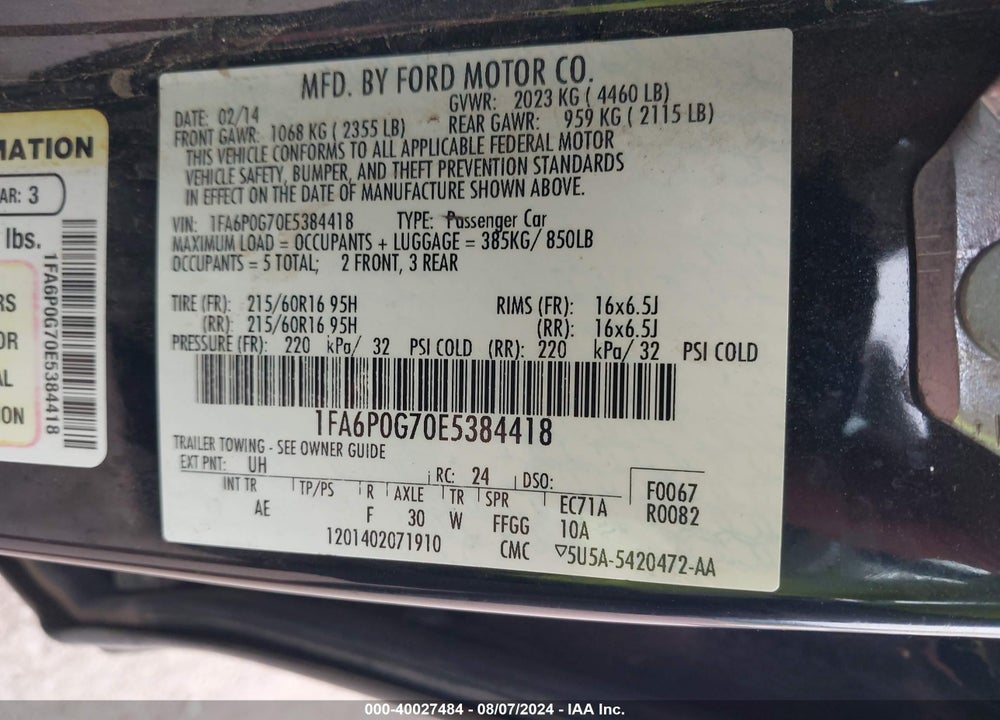 2014 FORD FUSION S VIN: 1FA6P0G70E5384418