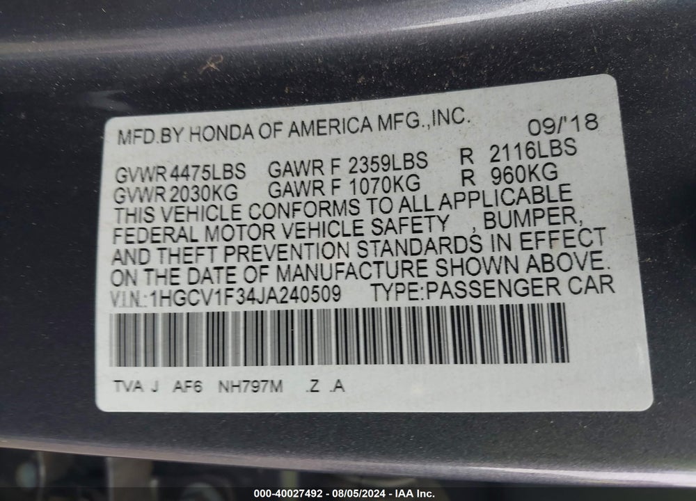 2018 HONDA ACCORD SPORT VIN: 1HGCV1F34JA240509