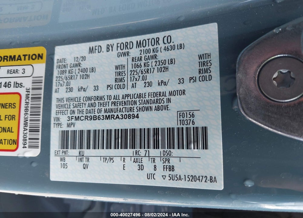 2021 FORD BRONCO SPORT VIN: 3FMCR9B63MRA30894