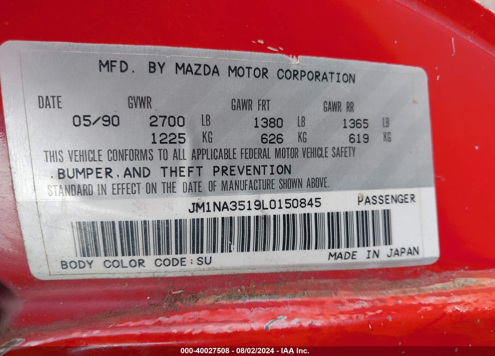 1990 MAZDA MX-5 MIATA VIN: JM1NA3519L0150845