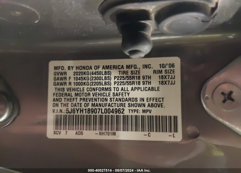 2007 HONDA ELEMENT SC VIN: 5J6YH18907L004962