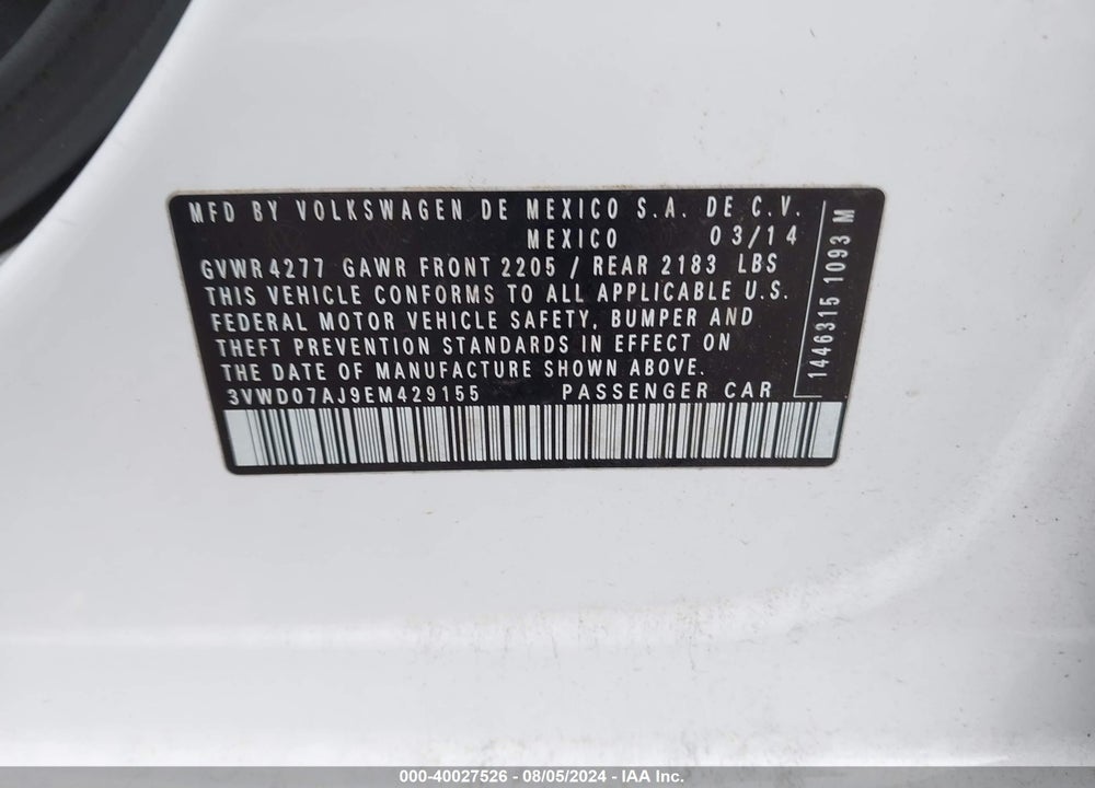 2014 VOLKSWAGEN JETTA 1.8T SE VIN: 3VWD07AJ9EM429155
