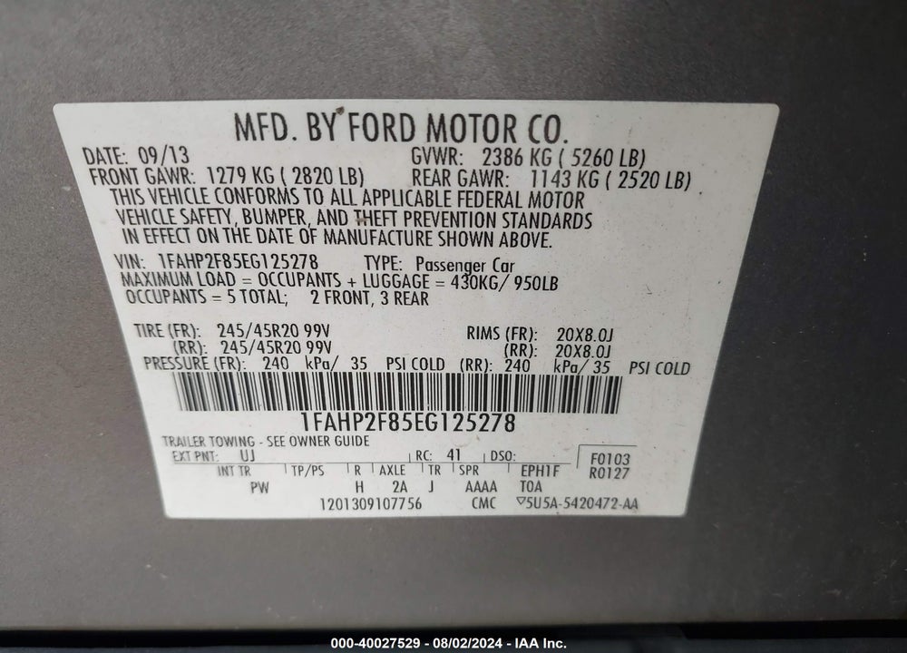 2014 FORD TAURUS LIMITED VIN: 1FAHP2F85EG125278