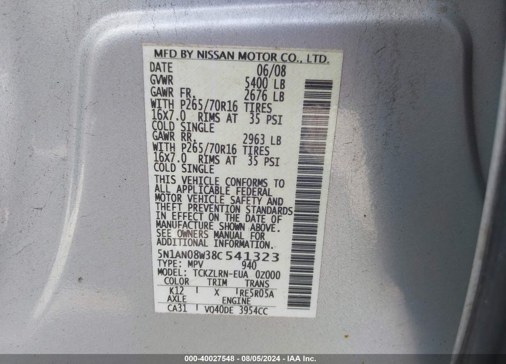 2008 NISSAN XTERRA VIN: 5N1AN08W38C541323