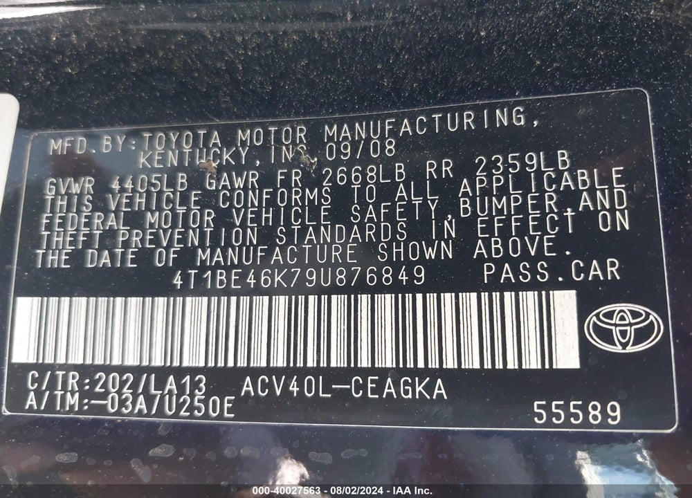 2009 TOYOTA CAMRY XLE VIN: 4T1BE46K79U876849