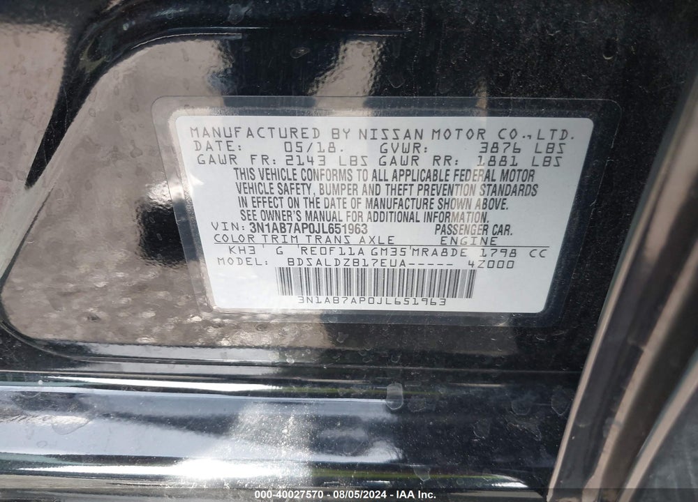 2018 NISSAN SENTRA SV VIN: 3N1AB7AP0JL651963
