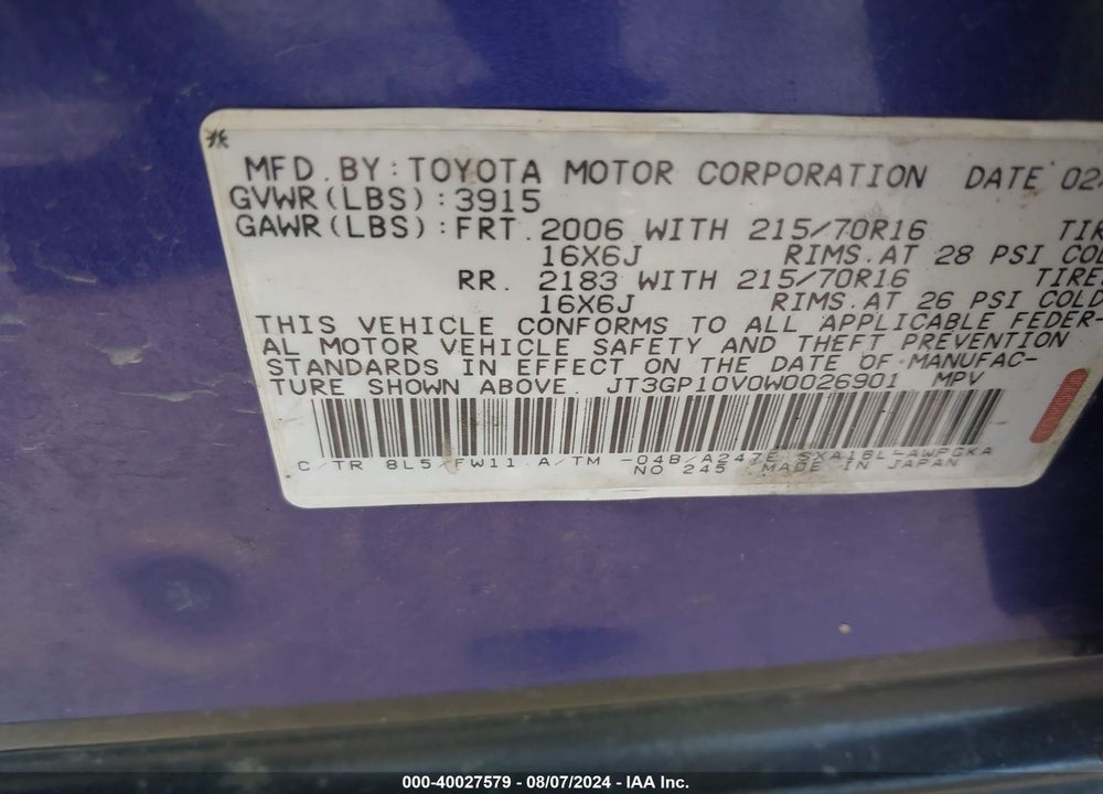 1998 TOYOTA RAV4 VIN: JT3GP10V0W0026901