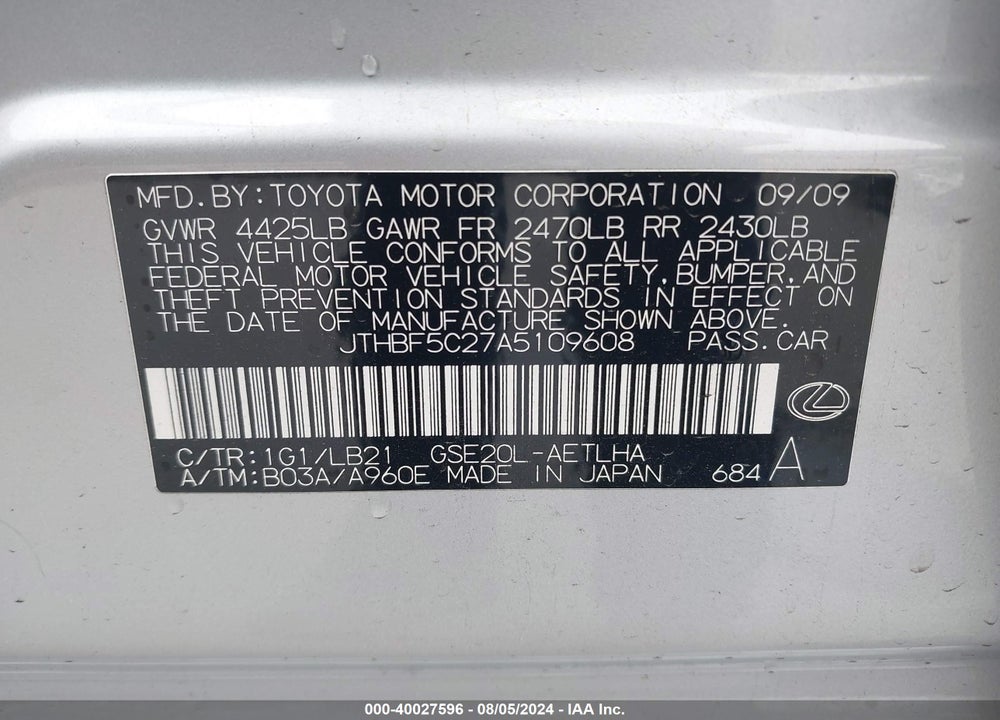 2010 LEXUS IS 250 VIN: JTHBF5C27A5109608