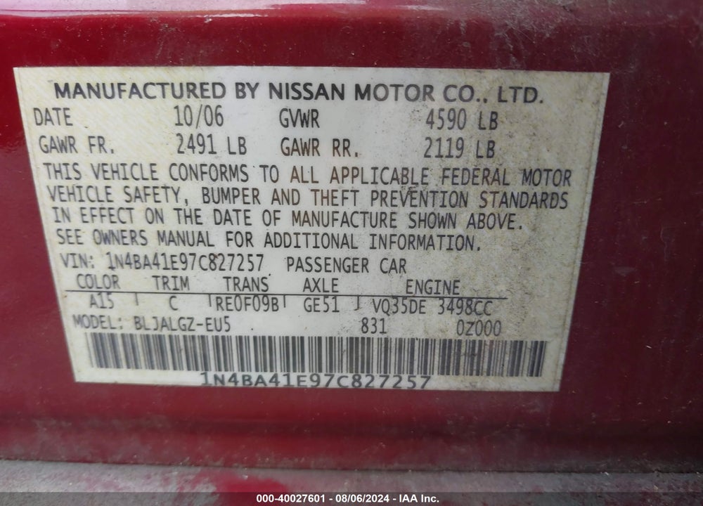 2007 NISSAN MAXIMA 3.5 SL VIN: 1N4BA41E97C827257