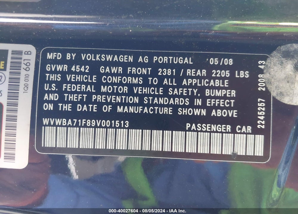 2009 VOLKSWAGEN EOS KOMFORT VIN: WVWBA71F89V001513