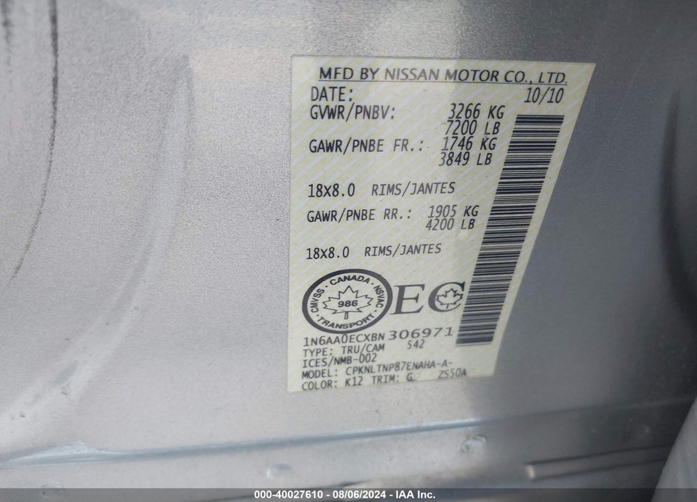2011 NISSAN TITAN VIN: 1N6AA0ECXBN306971