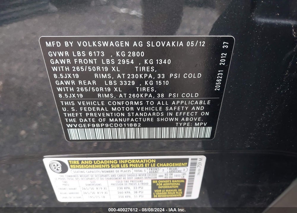 2012 VOLKSWAGEN TOUAREG VR6 LUX VIN: WVGEF9BP9CD011882