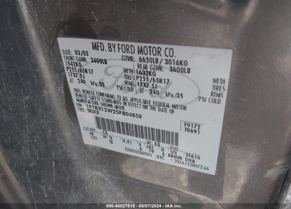 2005 FORD F-150 STX/XL/XLT VIN: 1FTRX12W25FB04858
