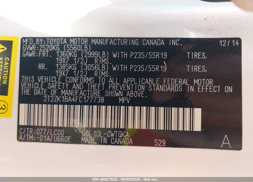 2015 LEXUS RX 350 VIN: 2T2ZK1BA4FC177738
