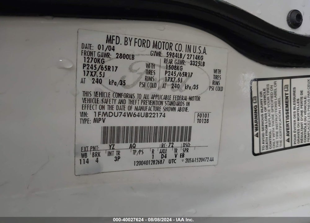 2004 FORD EXPLORER EDDIE BAUER VIN: 1FMDU74W64UB22174