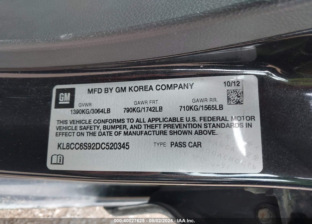 2013 CHEVROLET SPARK 1LT MANUAL VIN: KL8CC6S92DC520345