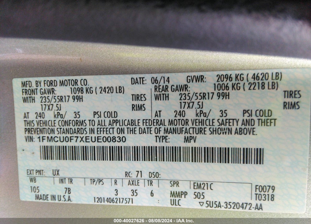 2014 FORD ESCAPE S VIN: 1FMCU0F7XEUE00830