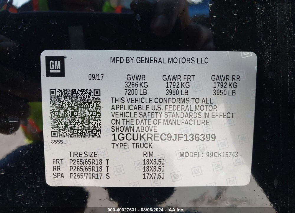 2018 CHEVROLET SILVERADO 1500 2LT VIN: 1GCUKREC9JF136399