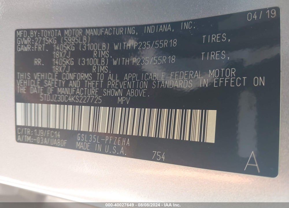 2019 TOYOTA SIENNA LE 7 PASSENGER VIN: 5TDJZ3DC4KS227725