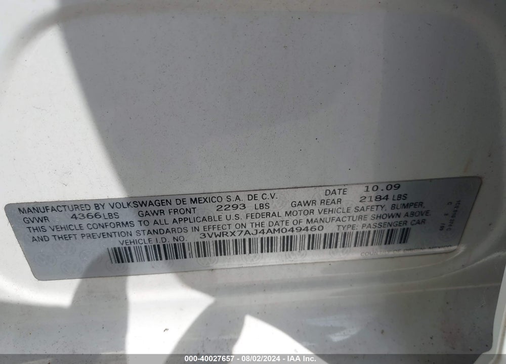 2010 VOLKSWAGEN JETTA SE VIN: 3VWRX7AJ4AM049460