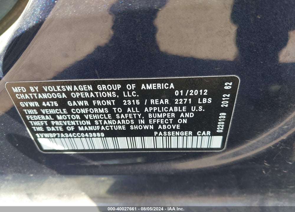 2012 VOLKSWAGEN PASSAT 2.5L SE VIN: 1VWBP7A34CC043889