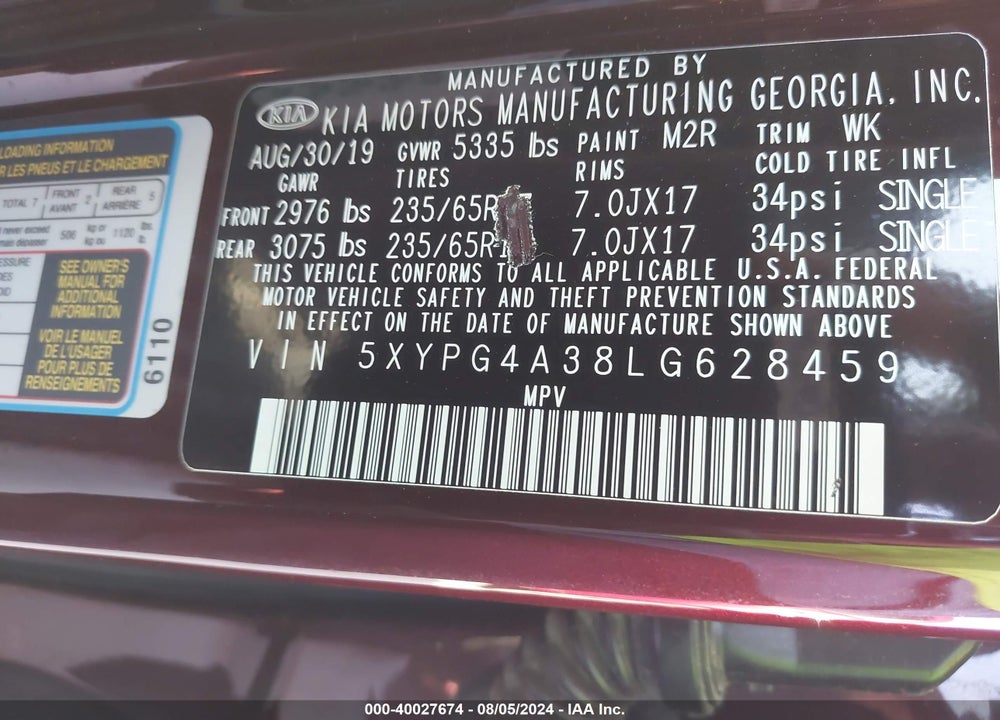 2020 KIA SORENTO 2.4L LX VIN: 5XYPG4A38LG628459