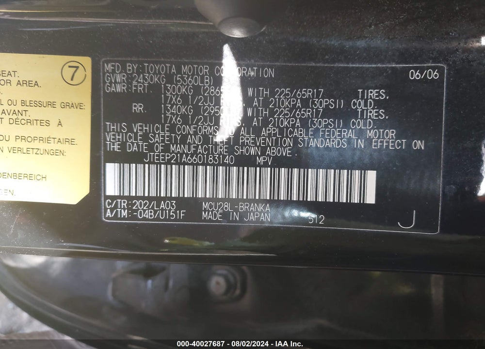 2006 TOYOTA HIGHLANDER LIMITED V6 VIN: JTEEP21A660183140