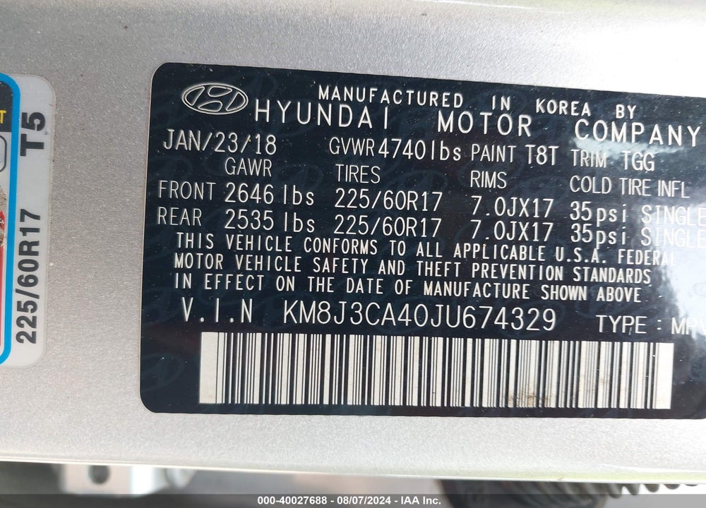 2018 HYUNDAI TUCSON VIN: KM8J3CA40JU674329