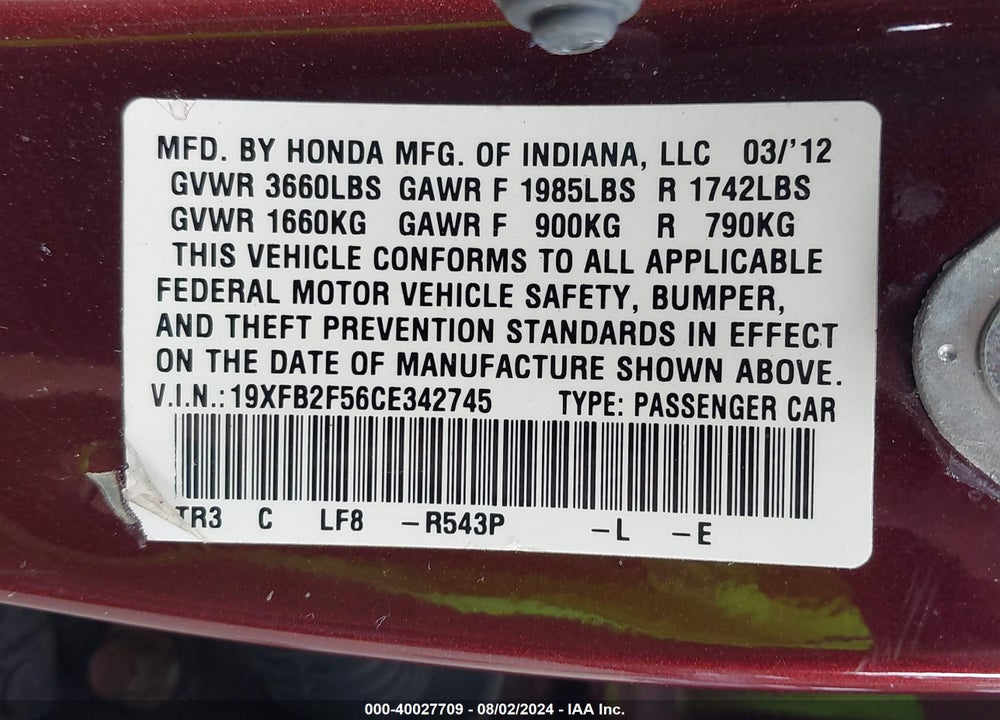 2012 HONDA CIVIC VIN: 19XFB2F56CE342745