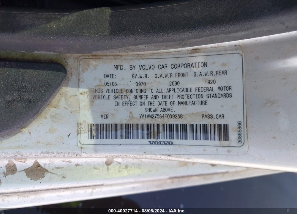 2004 VOLVO V40 A/LSE VIN: YV1VW27534F039258