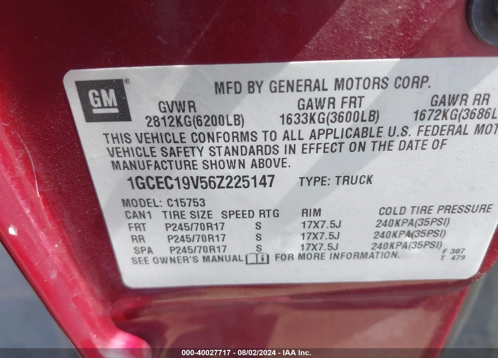 2006 CHEVROLET SILVERADO 1500 LT1 VIN: 1GCEC19V56Z225147