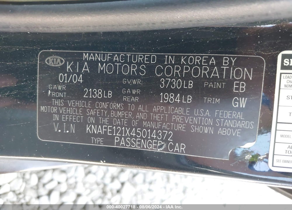 2004 KIA SPECTRA EX/LX VIN: KNAFE121X45014372