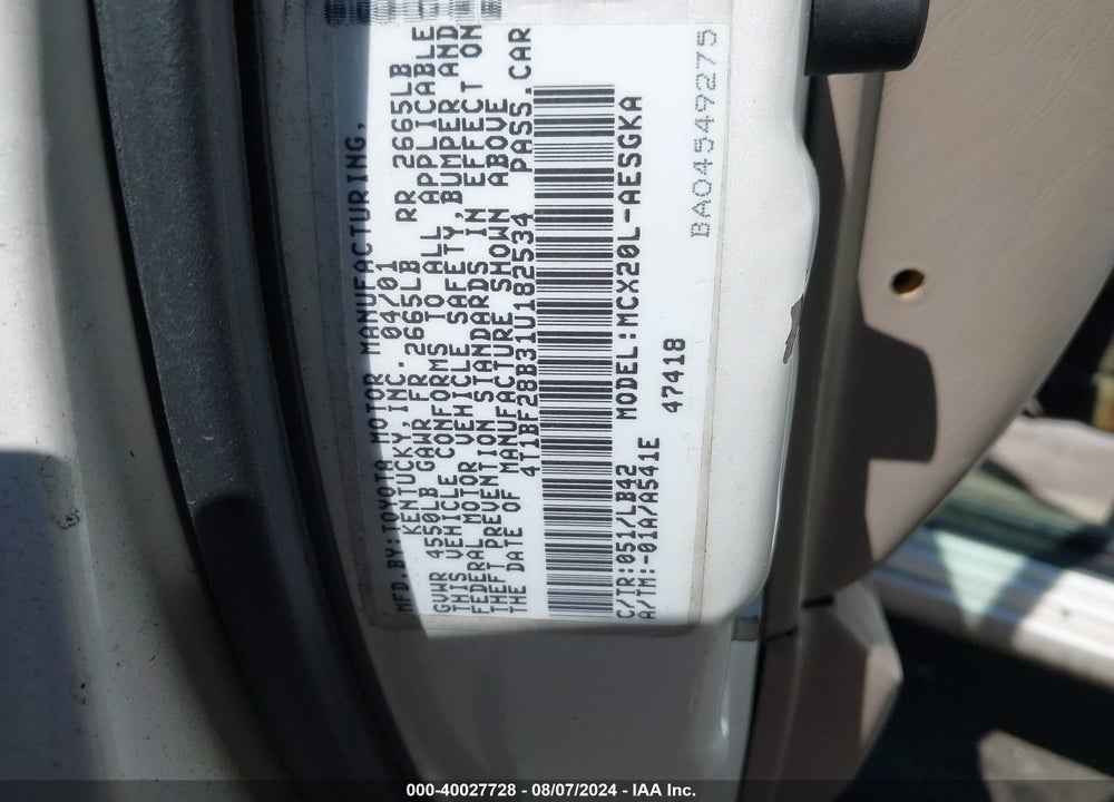 2001 TOYOTA AVALON XLS VIN: 4T1BF28B31U182534