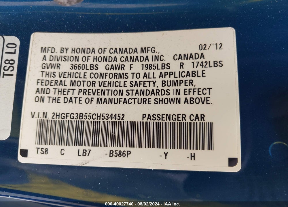 2012 HONDA CIVIC VIN: 2HGFG3B55CH534452