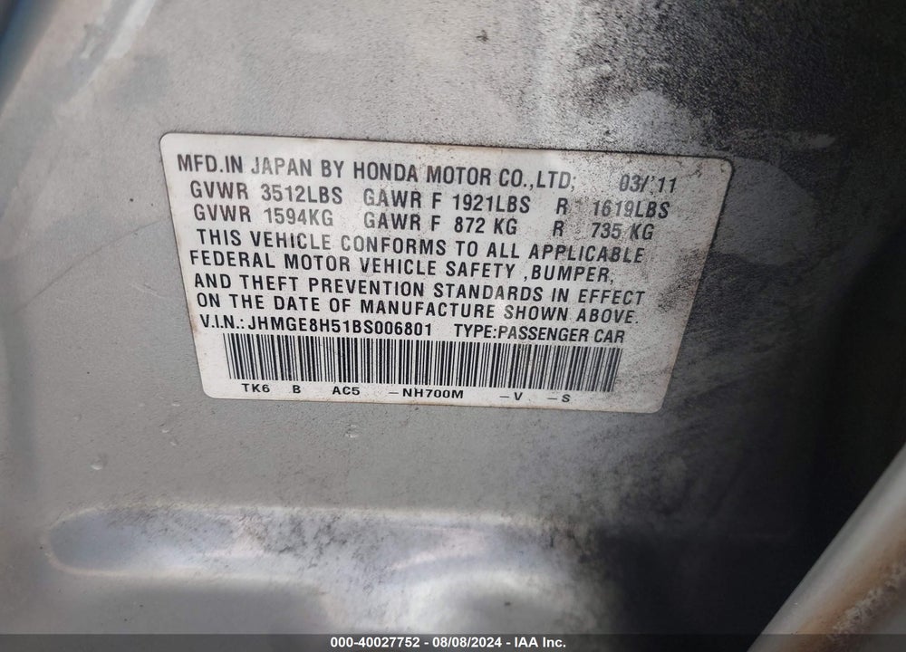 2011 HONDA FIT SPORT VIN: JHMGE8H51BS006801