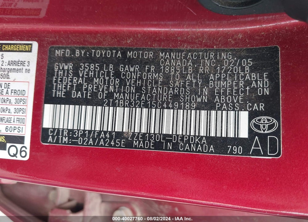 2005 TOYOTA COROLLA CE VIN: 2T1BR32E15C449189