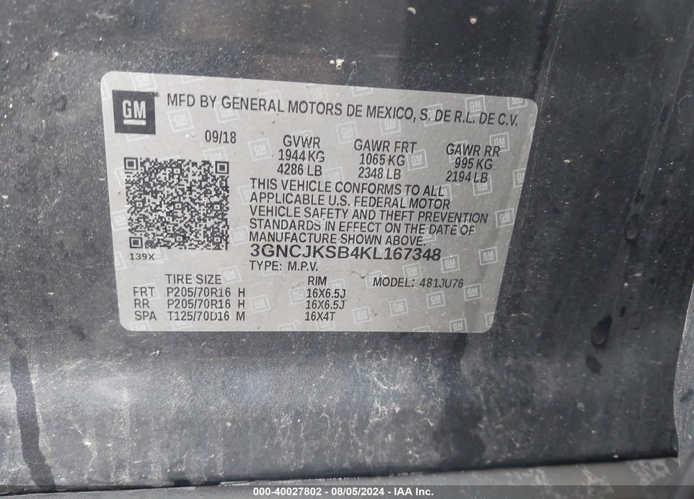 2019 CHEVROLET TRAX LS VIN: 3GNCJKSB4KL167348