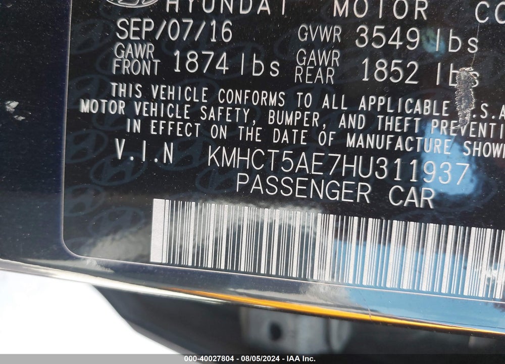 2017 HYUNDAI ACCENT VIN: KMHCT5AE7HU311937
