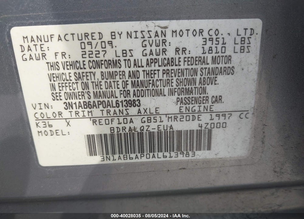 2010 NISSAN SENTRA 2.0 VIN: 3N1AB6AP0AL613983