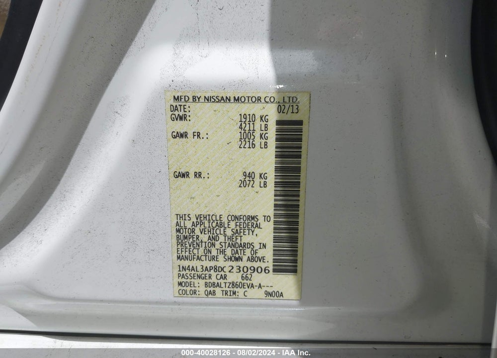 2013 NISSAN ALTIMA 2.5 SV VIN: 1N4AL3AP8DC230906