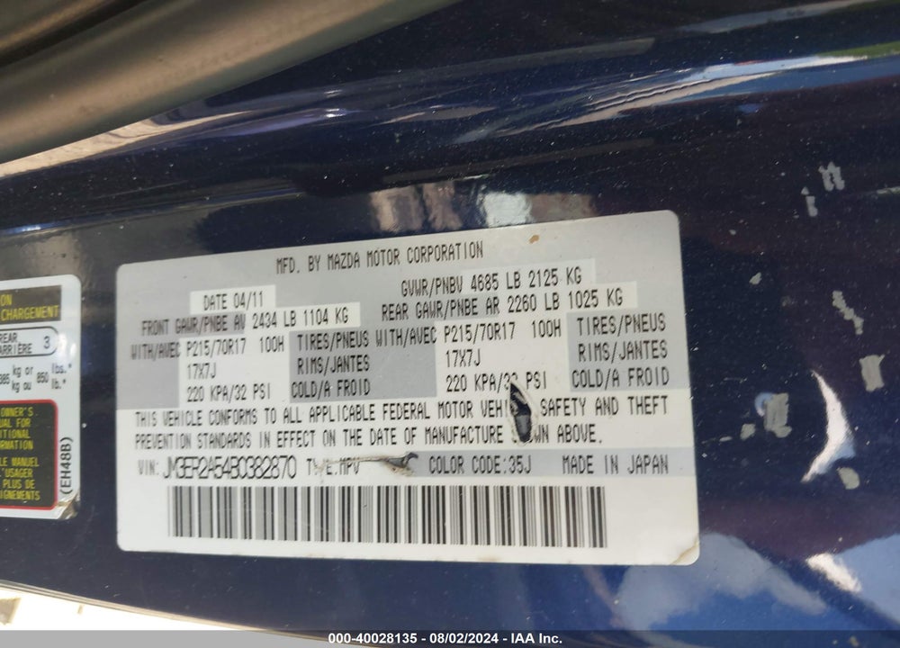 2011 MAZDA CX-7 I SV VIN: JM3ER2A54B0382870