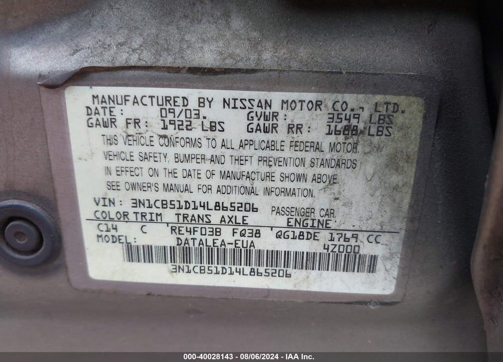 2004 NISSAN SENTRA 1.8S VIN: 3N1CB51D14L865206