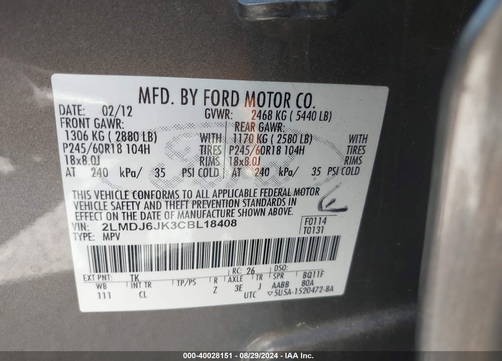 2012 LINCOLN MKX VIN: 2LMDJ6JK3CBL18408