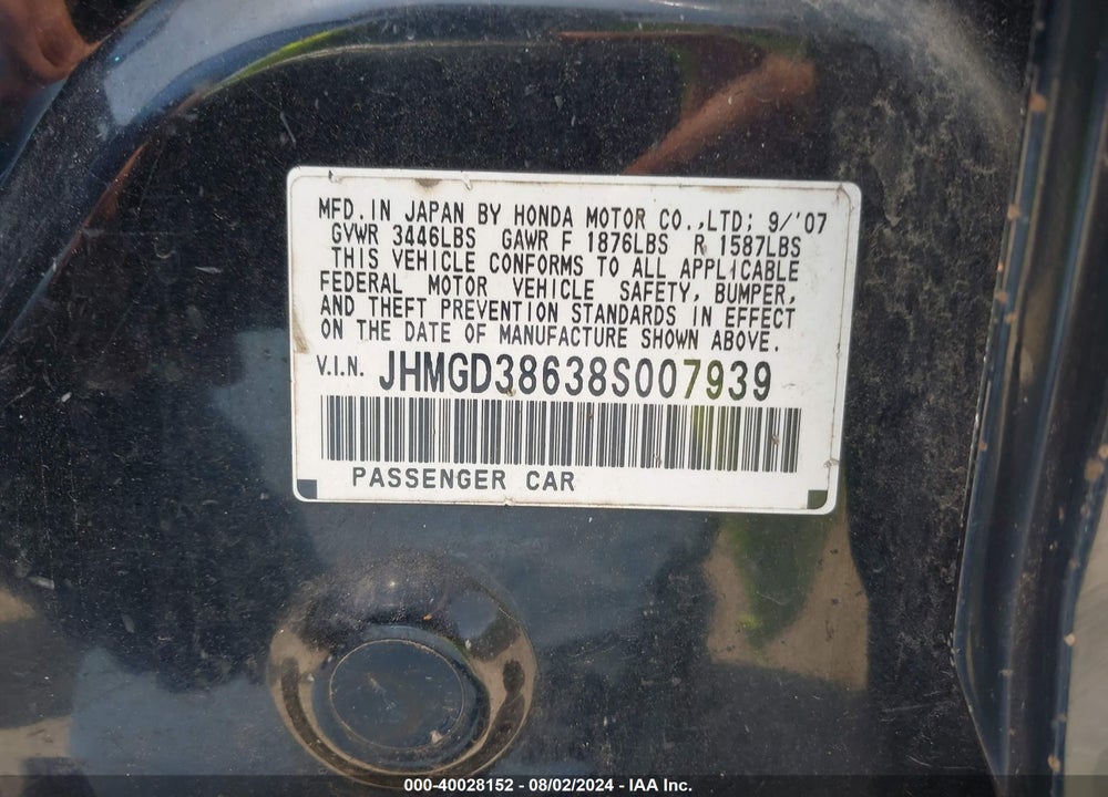 2008 HONDA FIT SPORT VIN: JHMGD38638S007939